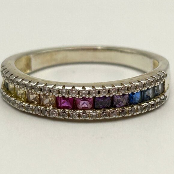 Sterling Silver Multi-Gem Eternity Band Ring Ruby Emerald Aqua Diamond Size 8.25 - Picture 1 of 9